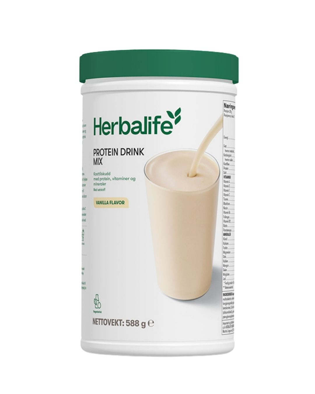 En boks Herbalife Proteindrinkmiks PDM på hvit bakgrunn.