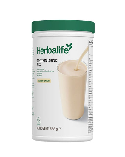 En boks Herbalife Proteindrinkmiks PDM på hvit bakgrunn.
