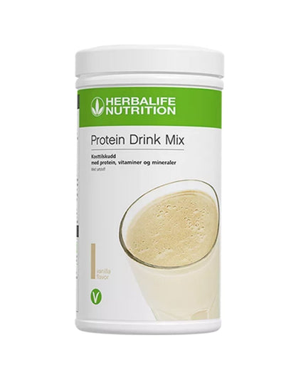 En boks Herbalife Proteindrinkmiks PDM på hvit bakgrunn.
