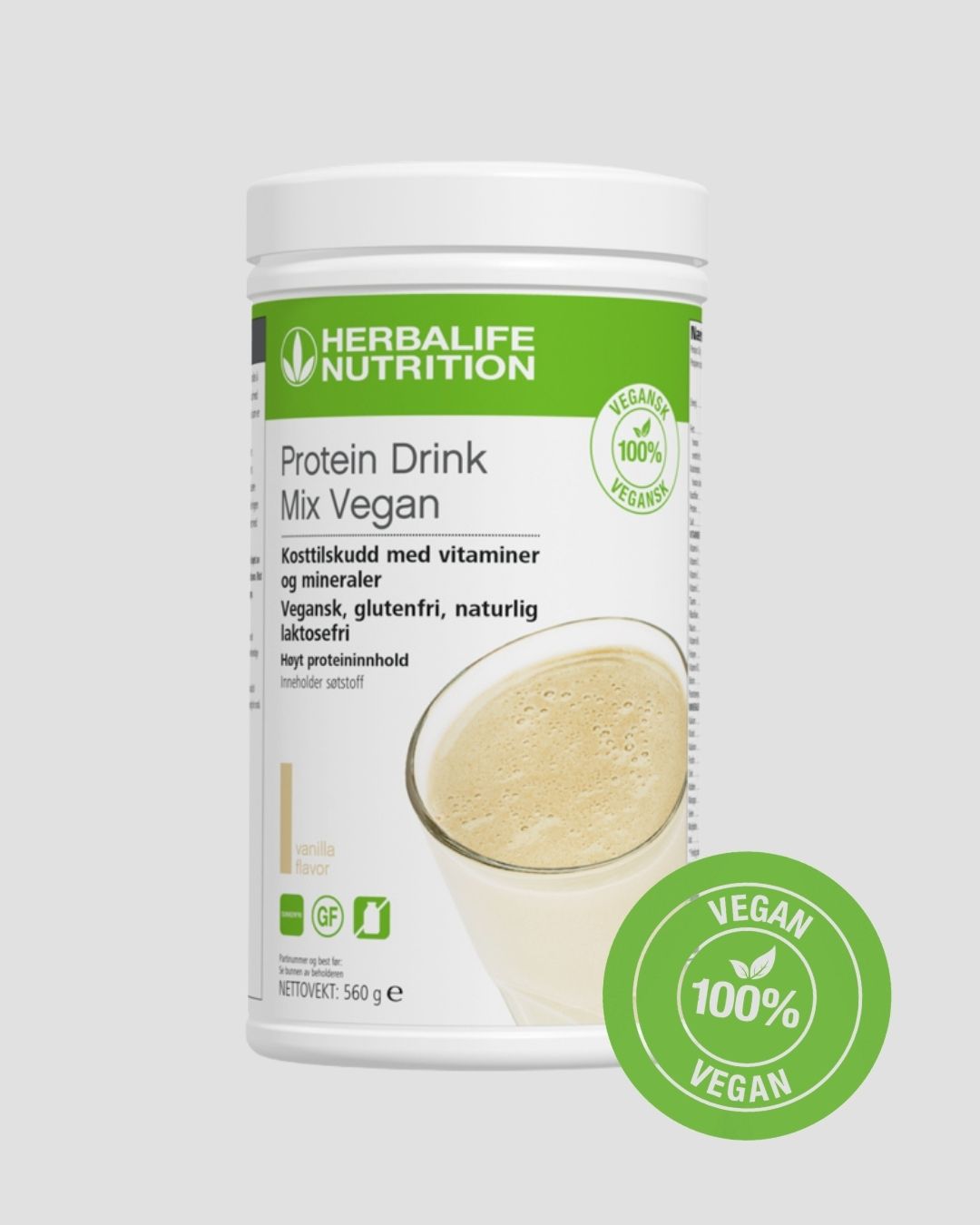 Herbalife Protein Drink Mix PDM Vegan-boks. Merket 100% vegan. Grå bakgrunn. 