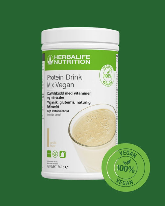 Herbalife Protein Drink Mix PDM Vegan-boks. Merket 100% vegan. Grønn bakgrunn. 