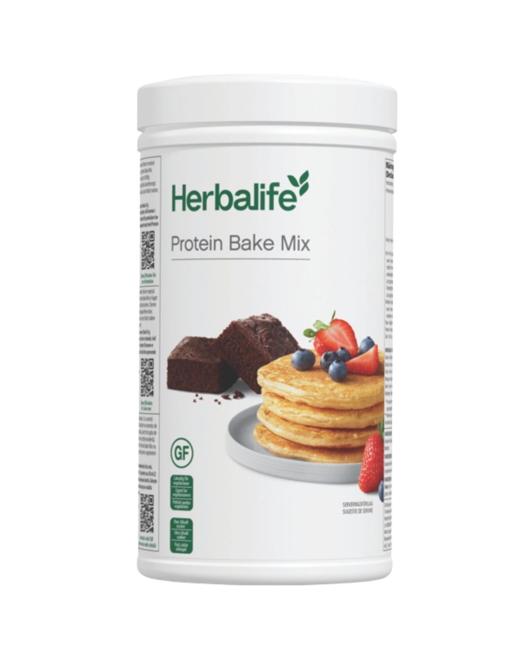 En boks Herbalife Protein Bake Mix - proteinrik bakemiks til sunne pannekaker og bakverk. Hvit bakgrunn.