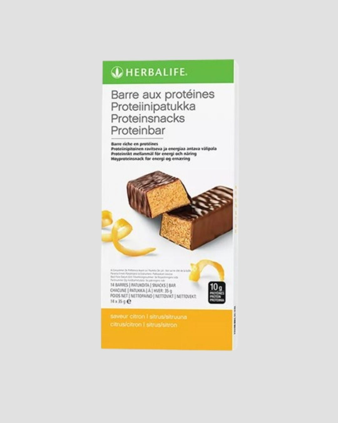En eske Herbalife sitron proteinbar på grå bakgrunn.