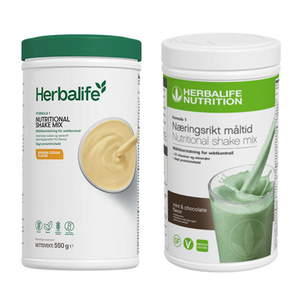 En boks Herbalife Formula 1 shakemix med banansmak og en med mintsjokolade-smak.