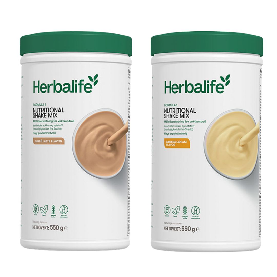 En boks Herbalife Formula 1 shakemix med caffe latte-smak og en med banansmak.