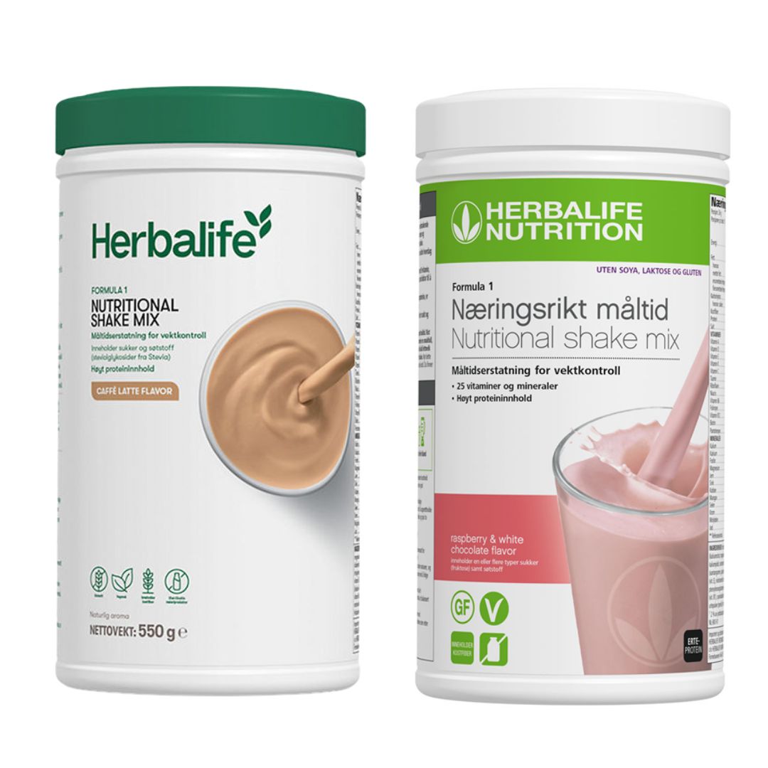 En boks Herbalife Formula 1 shakemix med caffe latte-smak og en med bringebær og hvit sjokoladesmak.