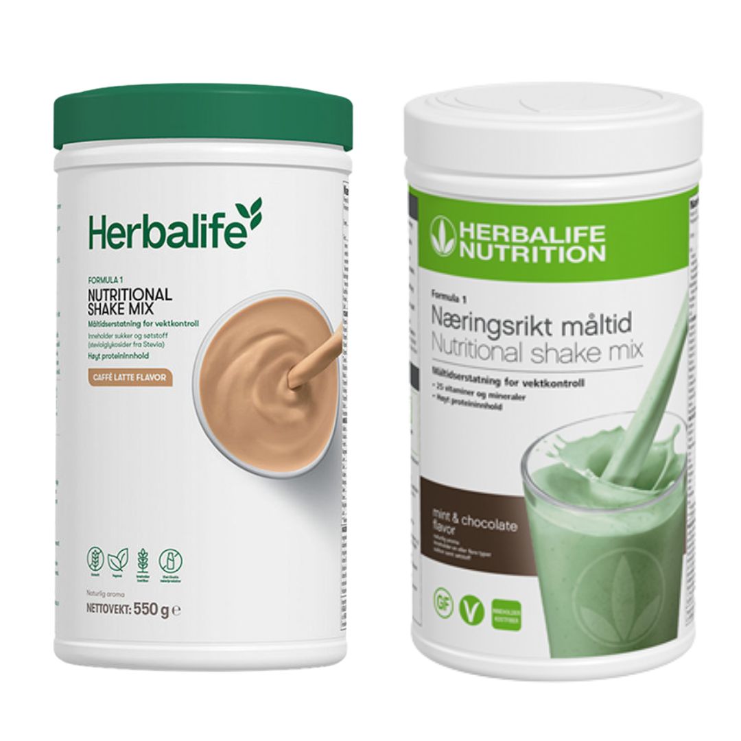 En boks Herbalife Formula 1 shakemix med caffe latte-smak og en med mintsjokolade-smak.