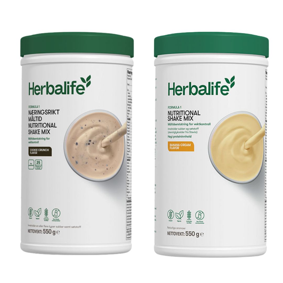 En boks Herbalife Formula 1 shakemix med cookie crunch-smak og en med banansmak.