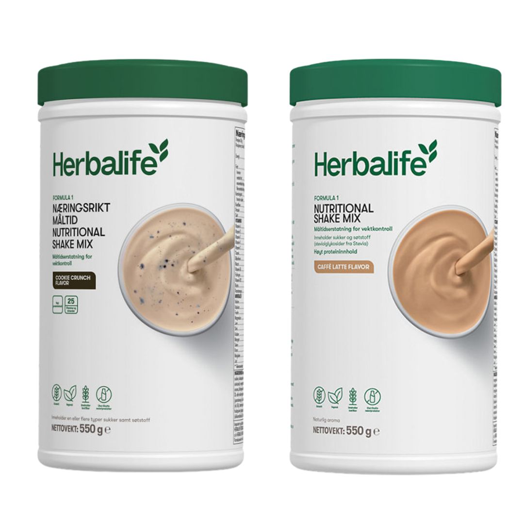 En boks Herbalife Formula 1 shakemix med cookie crunch-smak og en med caffe latte-smak.