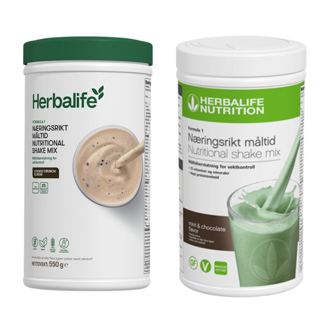En boks Herbalife Formula 1 shakemix med cookie crunch-smak og en med mintsjokolade-smak.