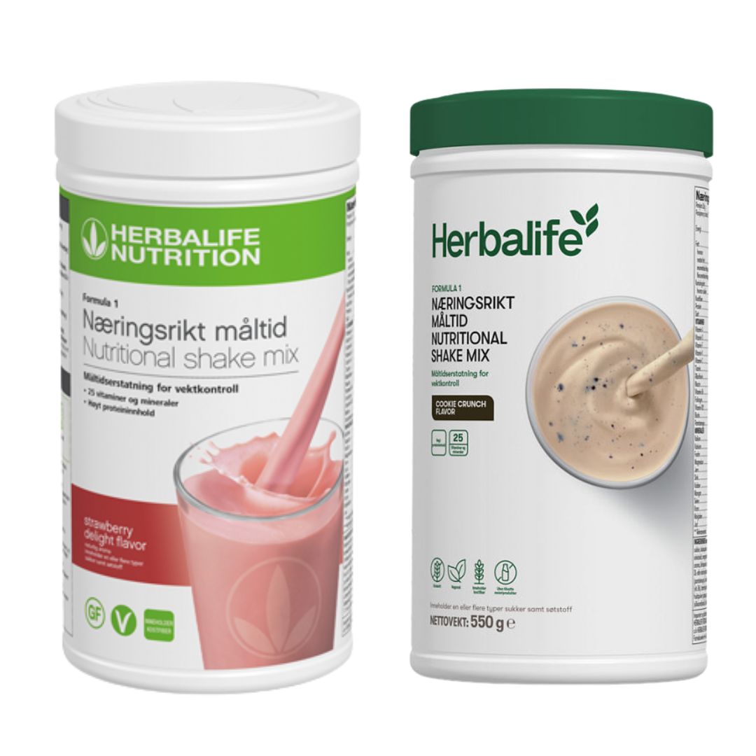 En boks Herbalife Formula 1 shakemix med jordbærsmak og en med cookie crunch-smak.