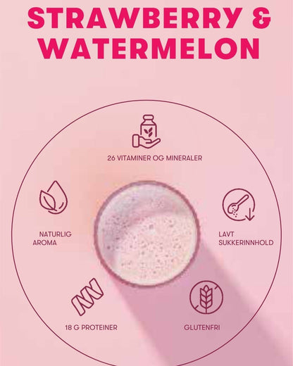 En rosa Herbalife-smoothie i et glass. Rosa bakgrunn og teksten Strawberry & Watermelon, 18 gr proteiner, lavt sukkerinnhold, 26 vitaminer og mineraler, naturlig aroma, glutenfri.
