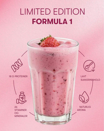 En rosa Herbalife-smoothie i et glass med et friskt jordbær på toppen. Rosa bakgrunn og teksten Limited Edition Formula 1, 18 gr proteiner, lavt sukkerinnhold, 26 vitaminer og mineraler, naturlig aroma.