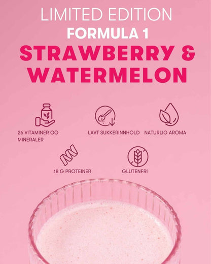 En rosa Herbalife-smoothie i et glass. Rosa bakgrunn og teksten Limited Edition Formula 1 Strawberry & Watermelon, 18 gr proteiner, lavt sukkerinnhold, 26 vitaminer og mineraler, naturlig aroma, glutenfri.