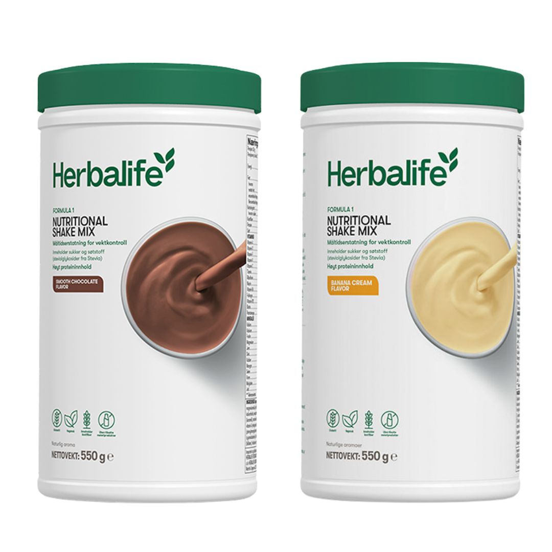 En boks Herbalife Formula 1 shakemix med sjokoladesmak og en med banansmak.