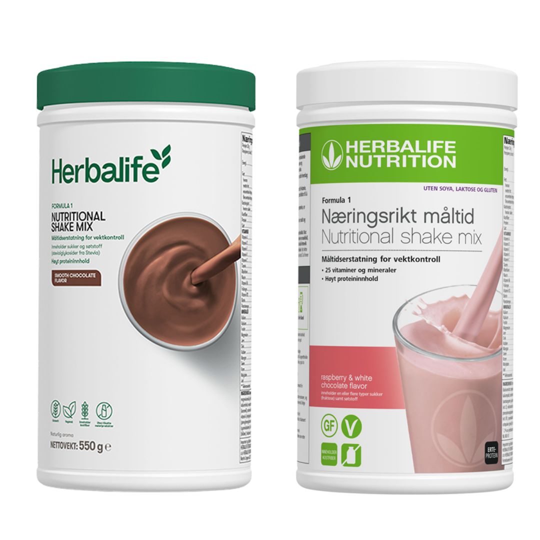 En boks Herbalife Formula 1 shakemix med sjokoladesmak og en med bringebær og hvit sjokoladesmak.