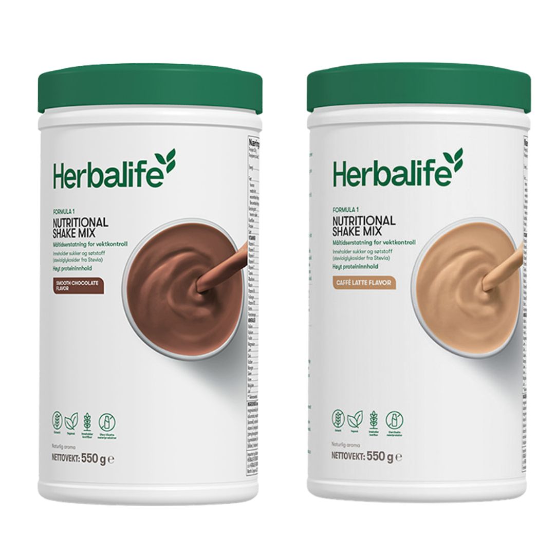En boks Herbalife Formula 1 shakemix med sjokoladesmak og en med caffe latte-smak.