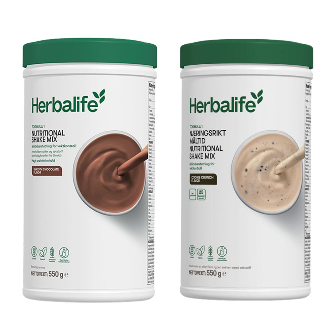 En boks Herbalife Formula 1 shakemix med sjokoladesmak og en med cookie crunch-smak.