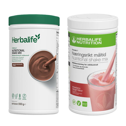 En boks Herbalife Formula 1 shakemix med sjokoladesmak og en med jordbærsmak.