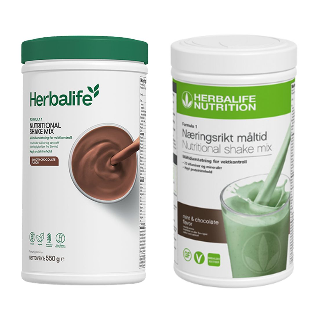 En boks Herbalife Formula 1 shakemix med sjokoladesmak og en med mintsjokoladesmak.