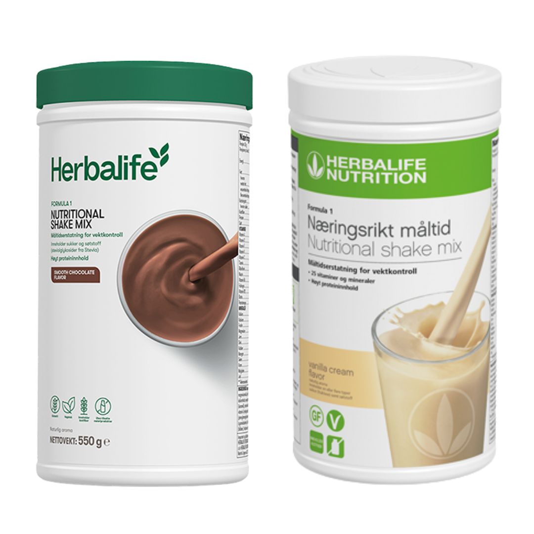 En boks Herbalife Formula 1 shakemix med sjokoladesmak og en med vaniljesmak.