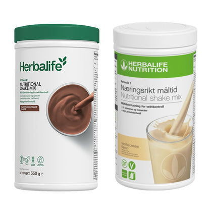 En boks Herbalife Formula 1 shakemix med sjokoladesmak og en med vaniljesmak.
