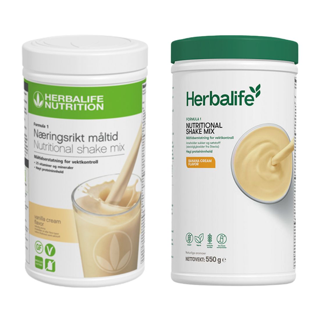 En boks Herbalife Formula 1 shakemix med vaniljesmak og en med banansmak.