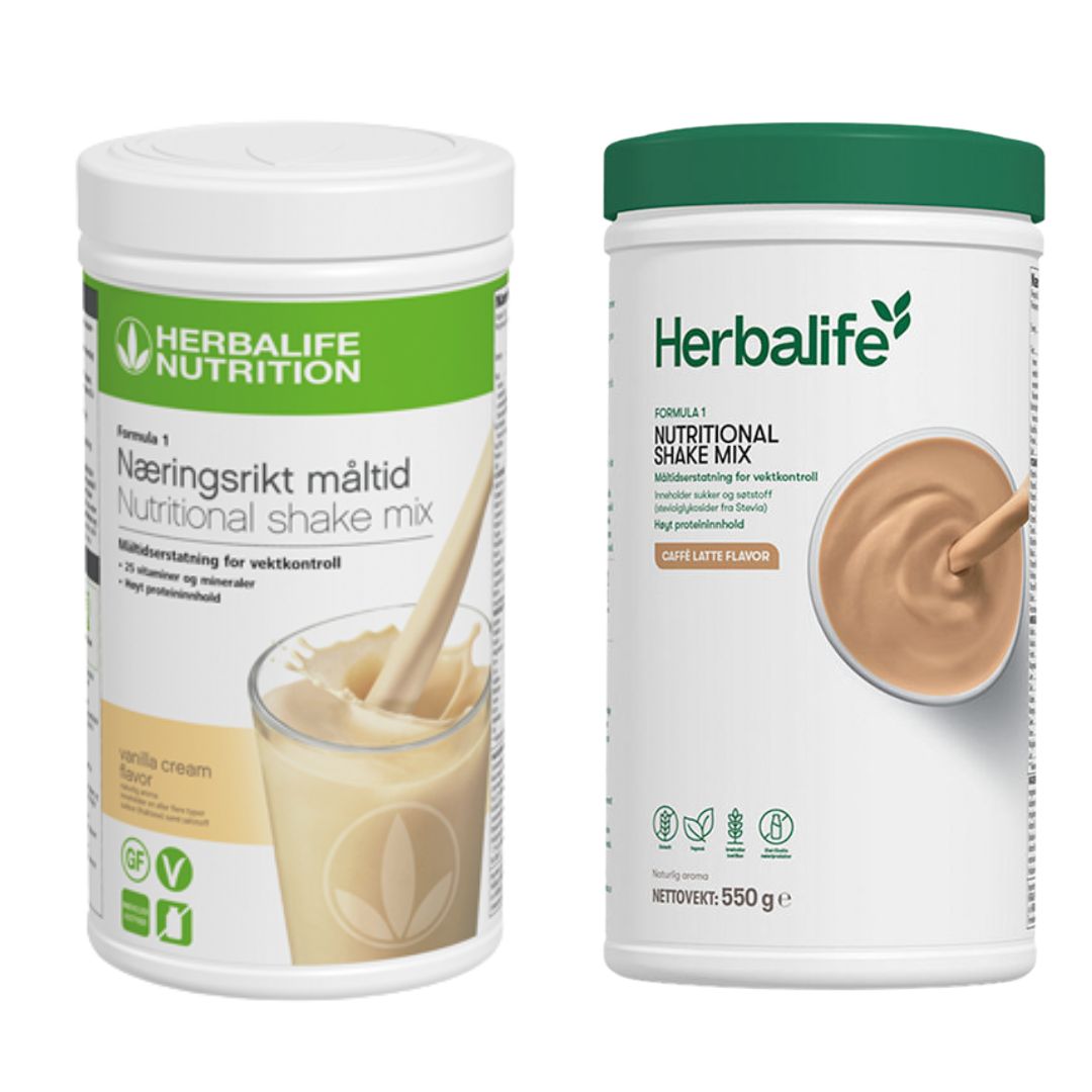 En boks Herbalife Formula 1 shakemix med vaniljesmak og en med caffe latte-smak.