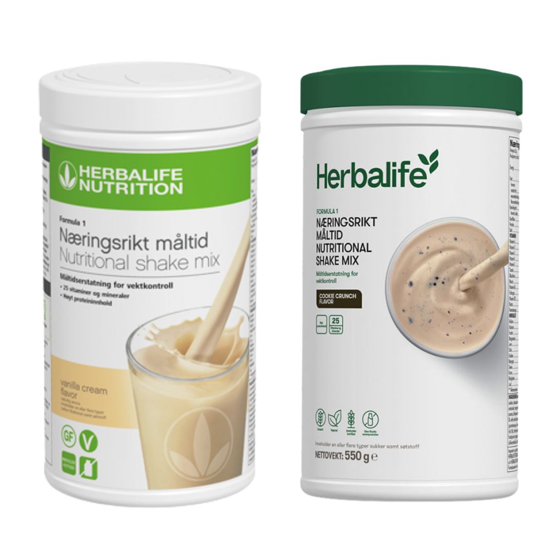 En boks Herbalife Formula 1 shakemix med vaniljesmak og en med cookie crunch-smak.