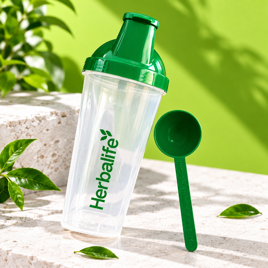 Herbalife shaker og grønn bærekraftig måleskje til Herbalife Formula 1-shake. 