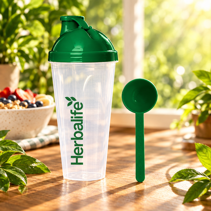Herbalife-shaker og måleskje på frokostbord