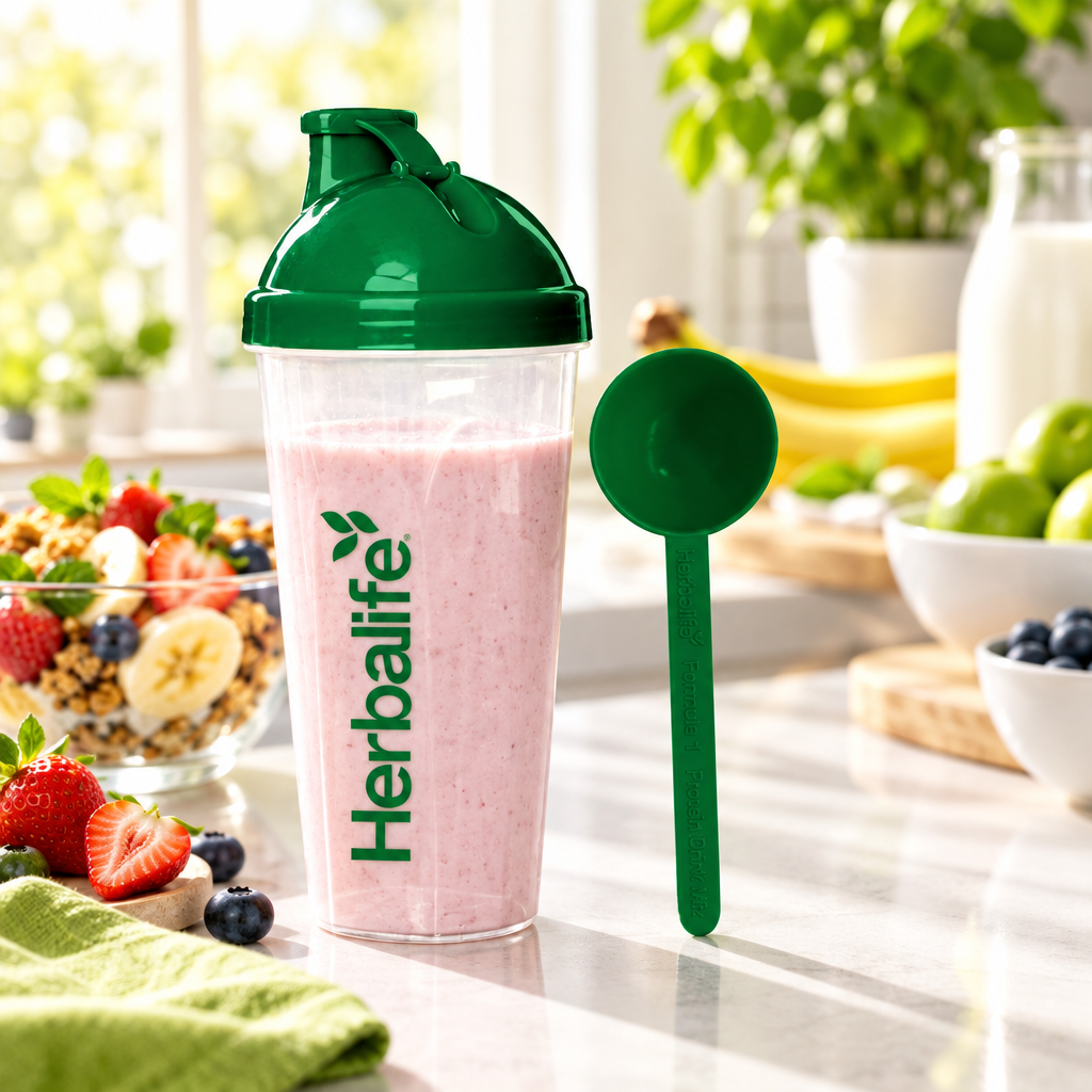 Herbalife-shaker og måleskje på kjøkkenbenk i morgenlys