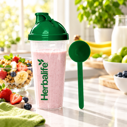 Herbalife-shaker og måleskje på kjøkkenbenk i morgenlys