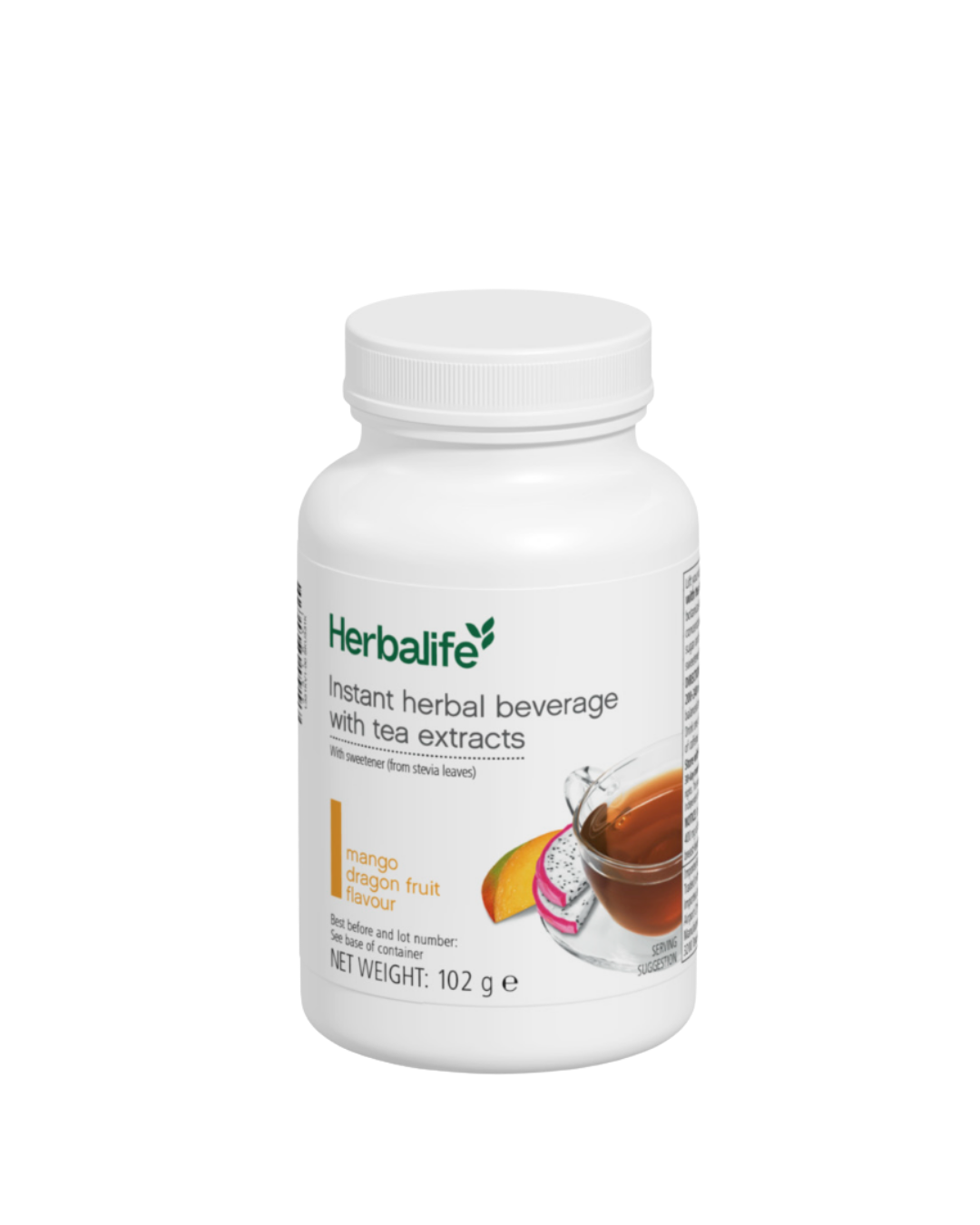 Herbalife instant urtete mango og dragefrukt, produktemballasje på hvit bakgrunn.