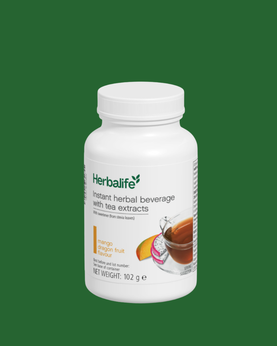 Herbalife instant urtete mango og dragefrukt, produktemballasje på grønn bakgrunn.