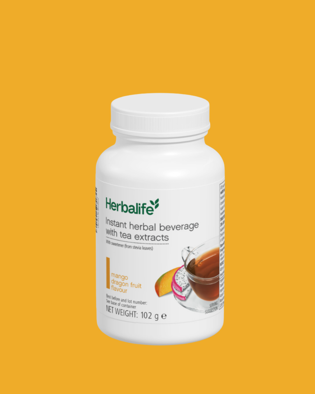Herbalife instant urtete mango og dragefrukt, produktemballasje på orange bakgrunn.