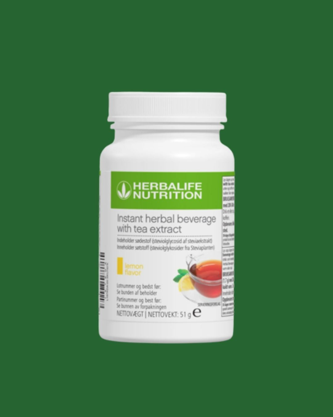 En boks Herbalife Instant Lemon urtekonsentrat te med sitronsmak, 51 gram på grønn bakgrunn.