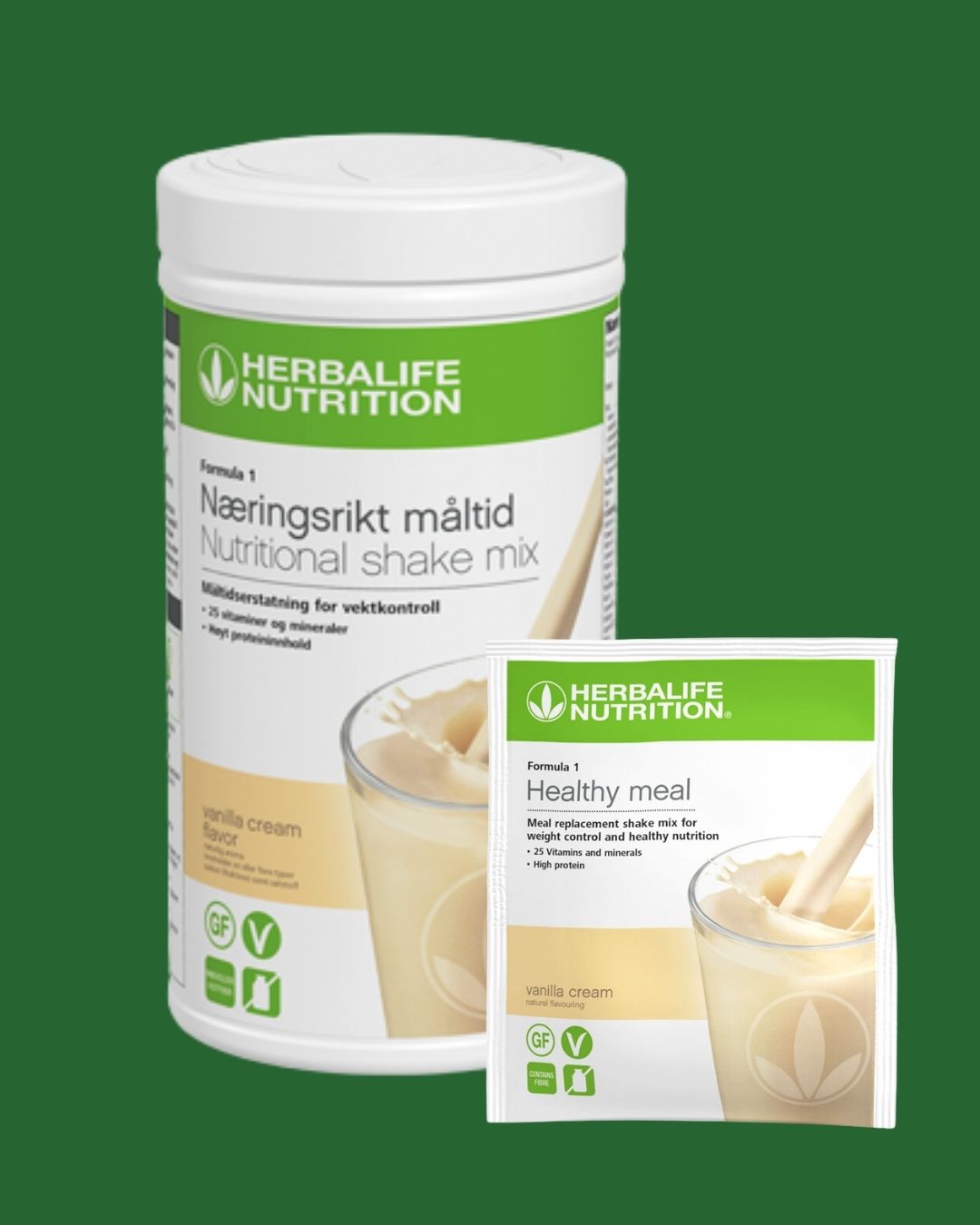 En boks og en porsjonspose Herbalife Formula 1 shakemix med vaniljesmak på grønn bakgrunn.