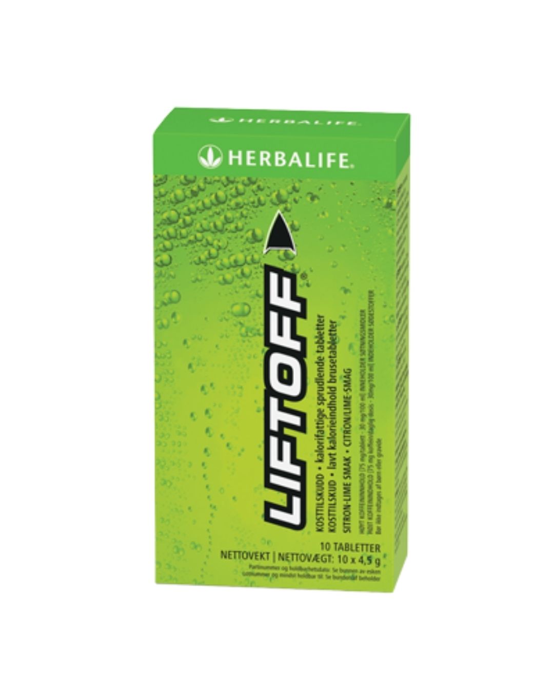 En pakke Herbalife Liftoff energidrikk på hvit bakgrunn.
