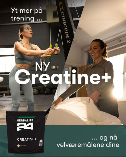 Produktbilde av Herbalife24 Creatine+ med teksten “Yt mer på trening” i bakgrunnen, fremhever fordelene med kreatin for styrke og prestasjon.