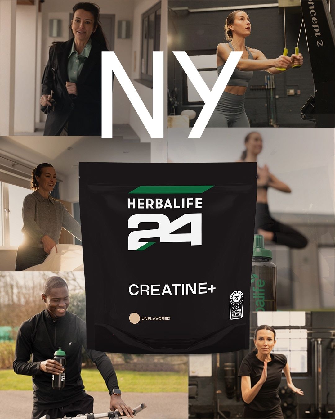 En nærbilde av posen Herbalife24 Creatine+, et vegansk og glutenfritt kreatin monohydrat uten smakstilsetning. Mennesker i farta og på trening. 