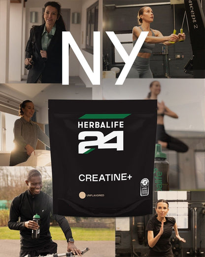 En nærbilde av posen Herbalife24 Creatine+, et vegansk og glutenfritt kreatin monohydrat uten smakstilsetning. Mennesker i farta og på trening. 