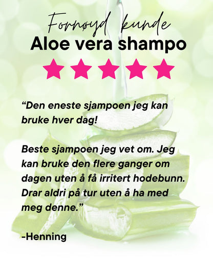 Fornøyd kunde av Herbalife Aloe vera shampo skriver "Den eneste shampoen jeg kan bruke hver dag! Beste shampoen jeg vet om. Jeg kan bruke den flere ganger om dagen uten å få irritert hodebunn. Drar aldri på tur uten å ha med meg denne." -Henning