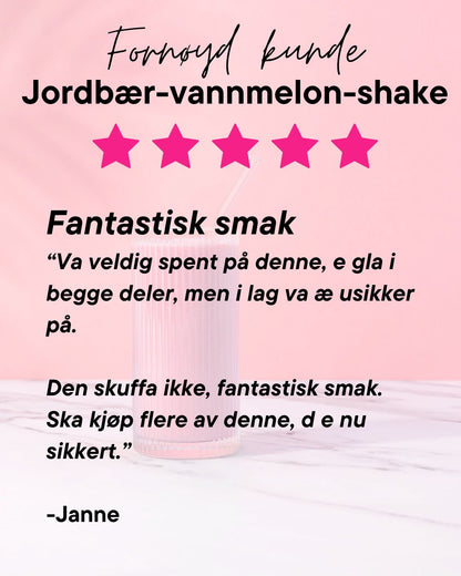 Fornøyd kunde Janne gir jordbær-vannmelon-shake fra Herbalife 5 stjerner og sier: Va veldig spent på denne, e gla i begge deler, men i lag va æ usikker på. Den skuffa ikke, fantastisk smak. Ska kjøp flere av denne, d e nu sikkert.

