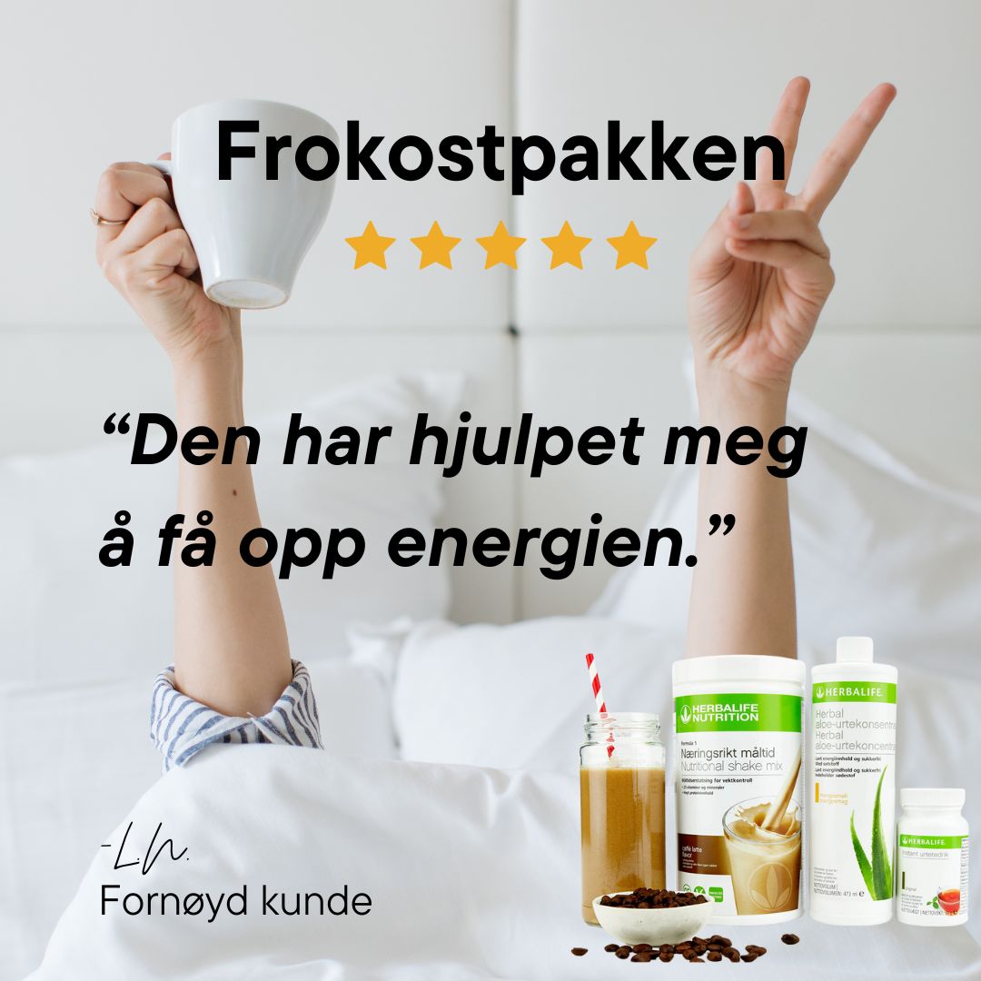 Herbalife Frokostpakken med caffe latte-shake, aloe vera-juice og urtete avbildet foran seng. Hender holder kaffekopp og lager seiers-tegn. Teksten viser fem stjerner og sitatet: "Den har hjulpet meg å få opp energien." Fornøyd kunde L.N.