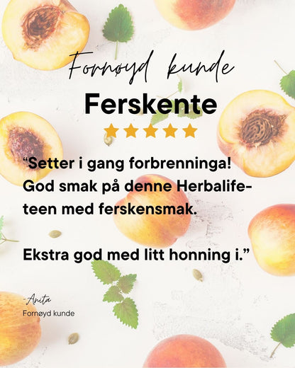 Herbalife urtete med fersken-smak i hvit boks avbildet med ferskener og grønne mynteblader på lys bakgrunn. Teksten viser fem stjerner og kundesitat: "Setter i gang forbrenninga! God smak på denne Herbalife-teen med ferskensmak. Ekstra god med litt honning i." Fornøyd kunde Anita.
