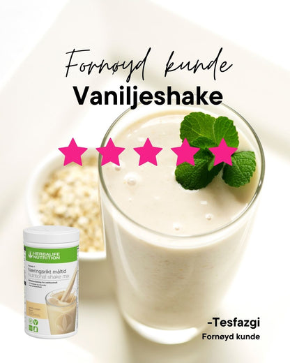 Herbalife vaniljeshake i glass med mynteblad, avbildet med fem rosa stjerner og teksten Fornøyd kunde. Herbalife vaniljeshake får 5 stjerner fra fornøyd kunde Tesfazgi. Liten shakeboks nederst i bildet.