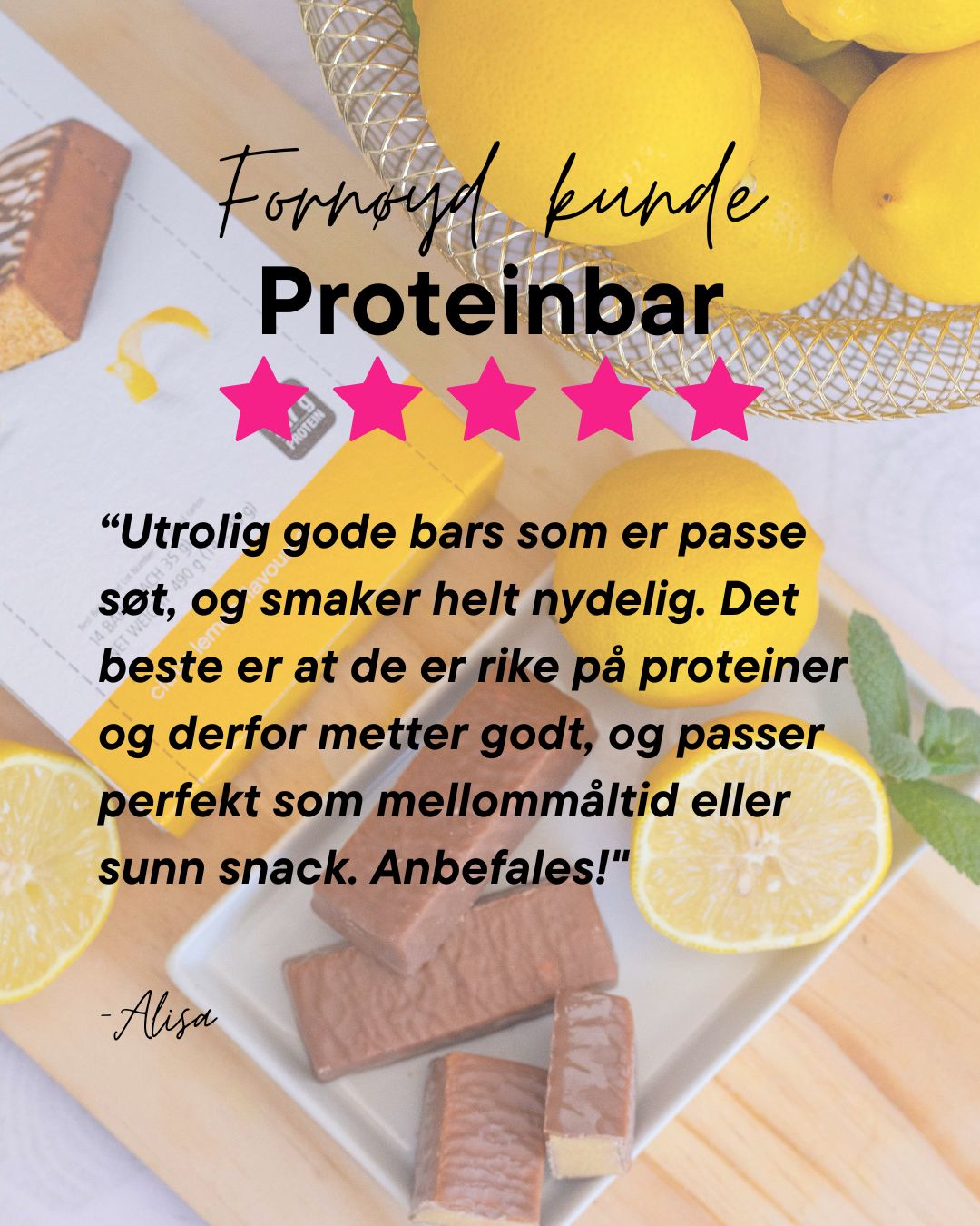 Kundeomtale av Herbalife proteinbar med 5 stjerner.