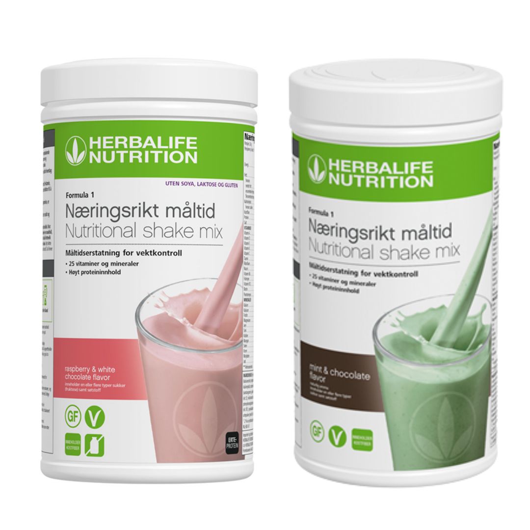 En boks Herbalife Formula 1 shakemix med bringebær og hvit sjokolade og en med mintsjokolade-smak.