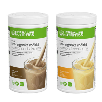 En boks Herbalife Formula 1 shakemix med caffe latte-smak og en med banansmak.	